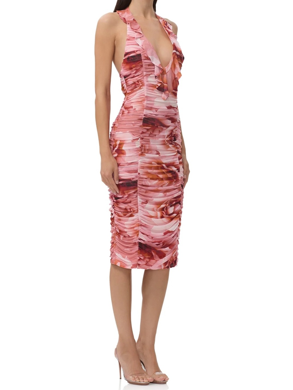 AFRM Balmer Ruched Halter Midi Dress, Peach Roses - Picture 2 of 11